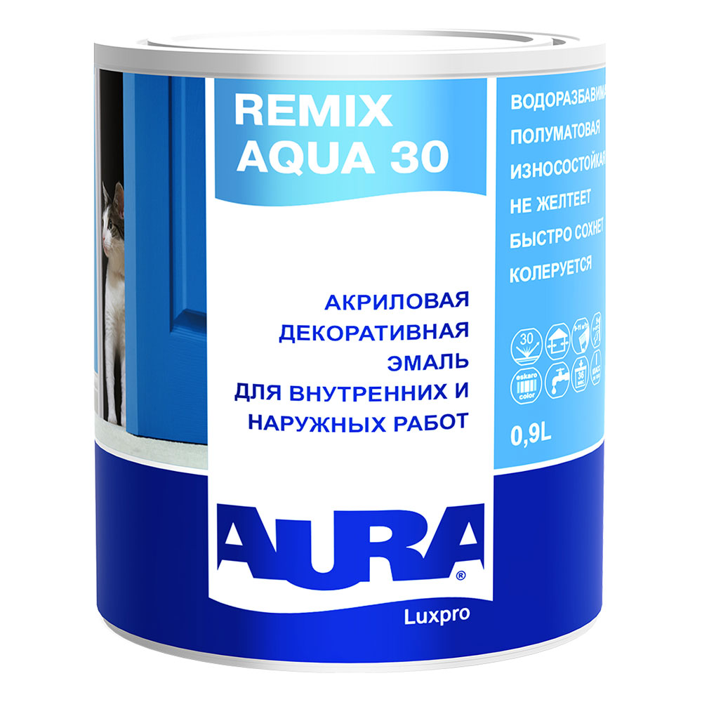 фото Эмаль акриловая aura remix aqua 30 полуматовая белая основа а 0,9 л