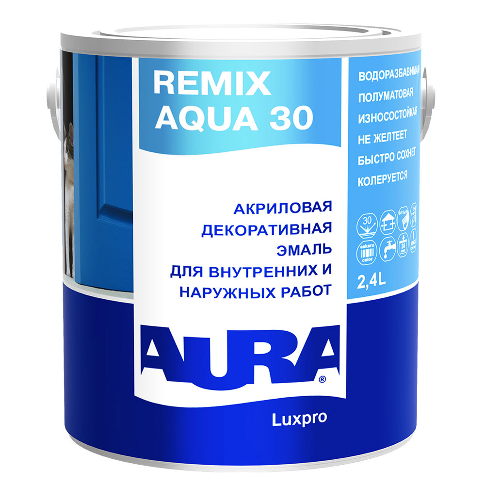 фото Эмаль акриловая aura remix aqua 30 полуматовая белая основа а 2,4 л