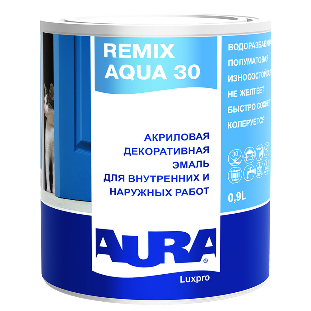 фото Эмаль акриловая aura remix aqua 30 полуматовая бесцветная основа tr 0,9 л