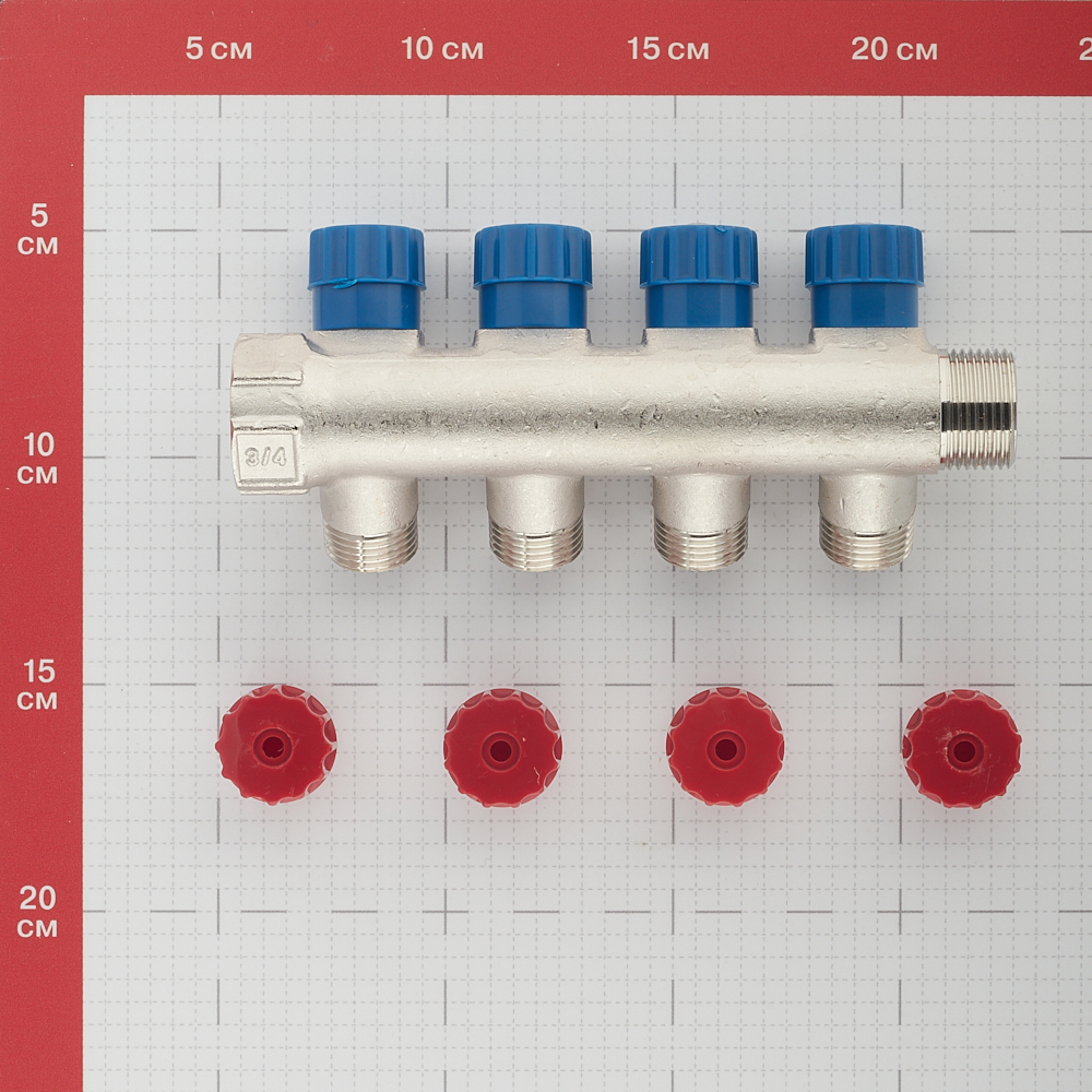 фото Коллектор valtec (vtc.560.n.0504) 3/4 вр(г) х 4 выхода 1/2 нр(ш) х 3/4 нр(ш) регулируeмый