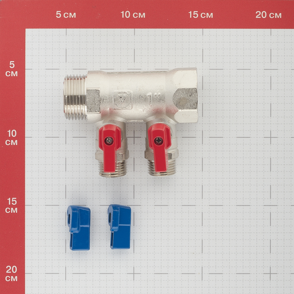фото Коллектор valtec (vtc.580.n.0602) 1 вр(г) х 2 выхода 1/2 нр(ш) х 1 нр(ш) с шаровыми кранами