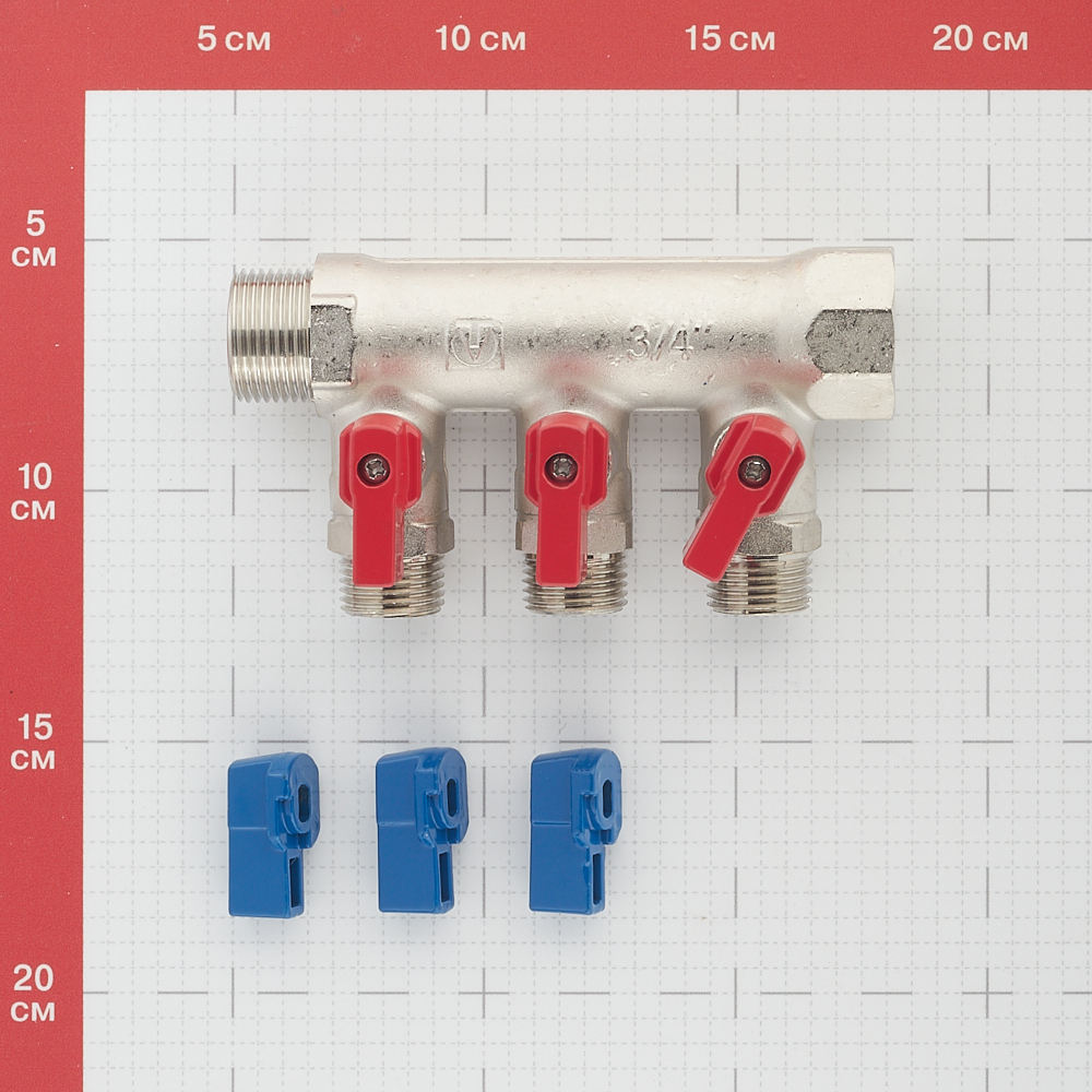 фото Коллектор valtec (vtc.580.n.0503) 3/4 вр(г) х 3 выхода 1/2 нр(ш) х 3/4 нр(ш) с шаровыми кранами