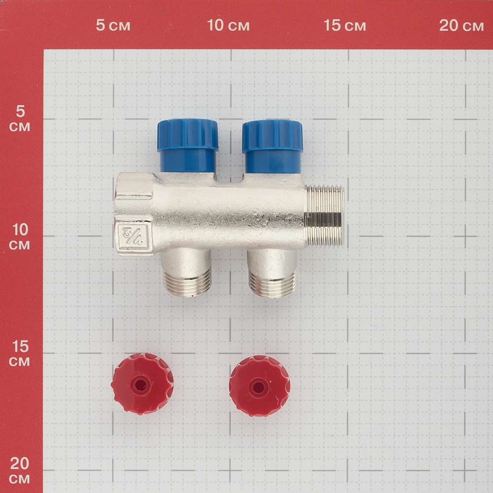 фото Коллектор valtec (vtc.560.n.0502) 3/4 вр(г) х 2 выхода 1/2 нр(ш) х 3/4 нр(ш) регулируeмый