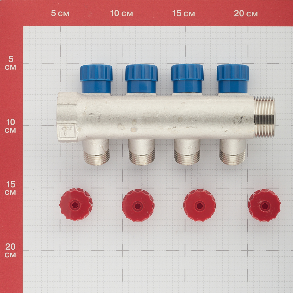 фото Коллектор valtec (vtc.560.n.0604) 1 вр(г) х 4 выхода 1/2 нр(ш) х 1 нр(ш) регулируeмый