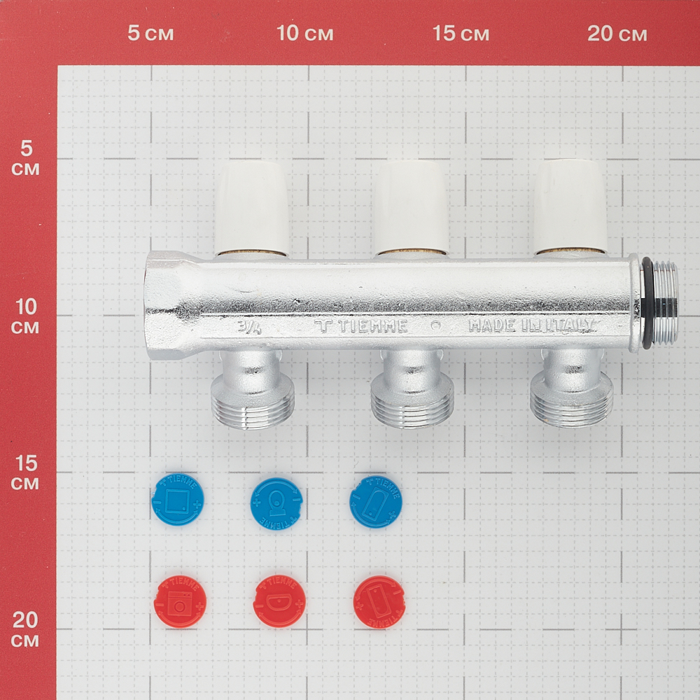 фото Коллектор tiemme 3/4 вр(г) х 3 выхода 3/4 нр(ш) ек х 3/4 нр(ш) регулируeмый
