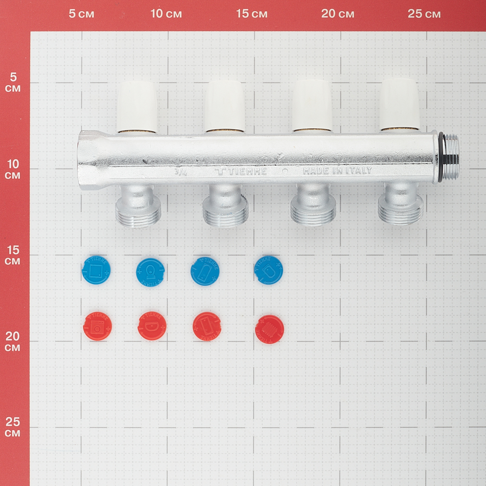 фото Коллектор tiemme 3/4 вр(г) х 4 выхода 3/4 нр(ш) ек х 3/4 нр(ш) регулируeмый
