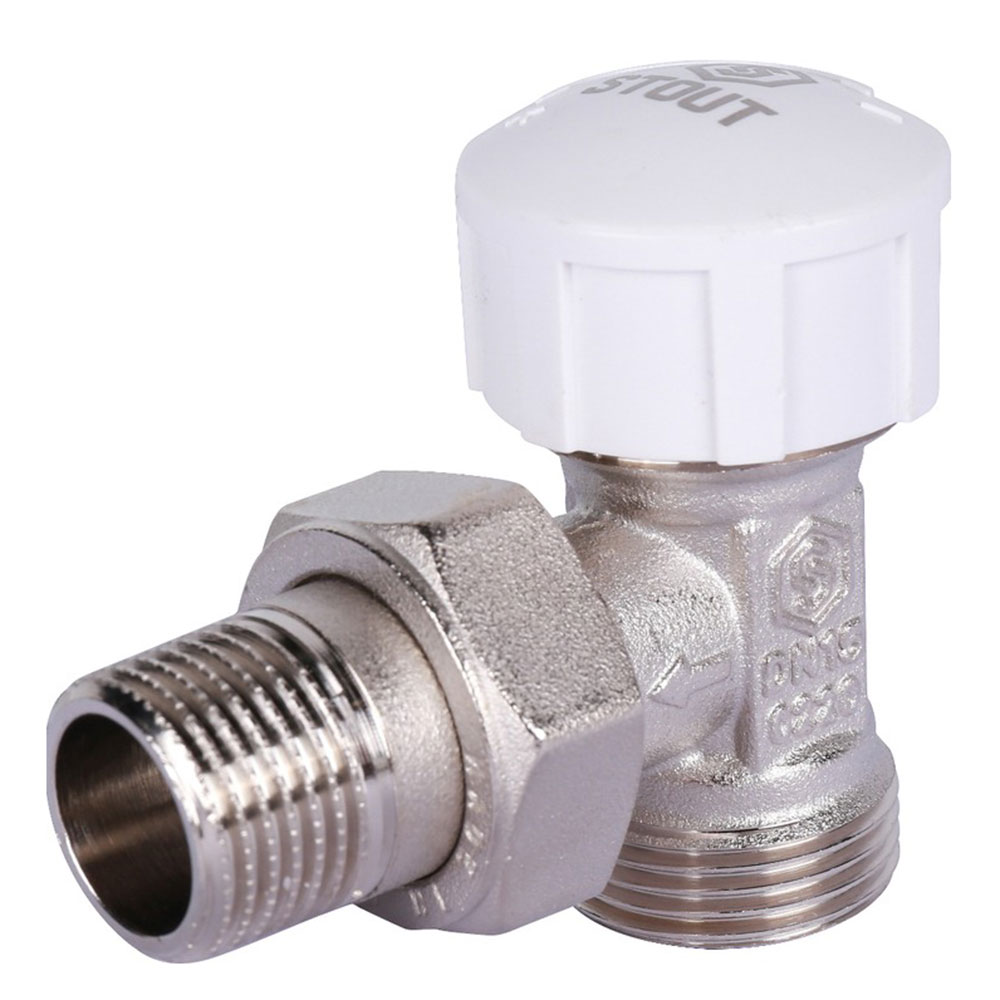 Клапан (вентиль) термостатический угловой Stout (SVT-0002-100015) 1/2 ВР(г) х 3/4 НР(ш) для радиатора под евроконус никелерованный