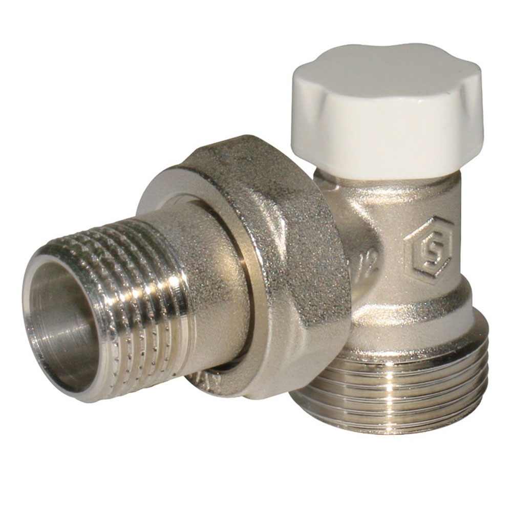 Клапан (вентиль) запорный угловой Stout (SVL-1166-000015) 1/2 ВР(г) х 3/4 НР(ш) для радиатора под евроконус никелерованный
