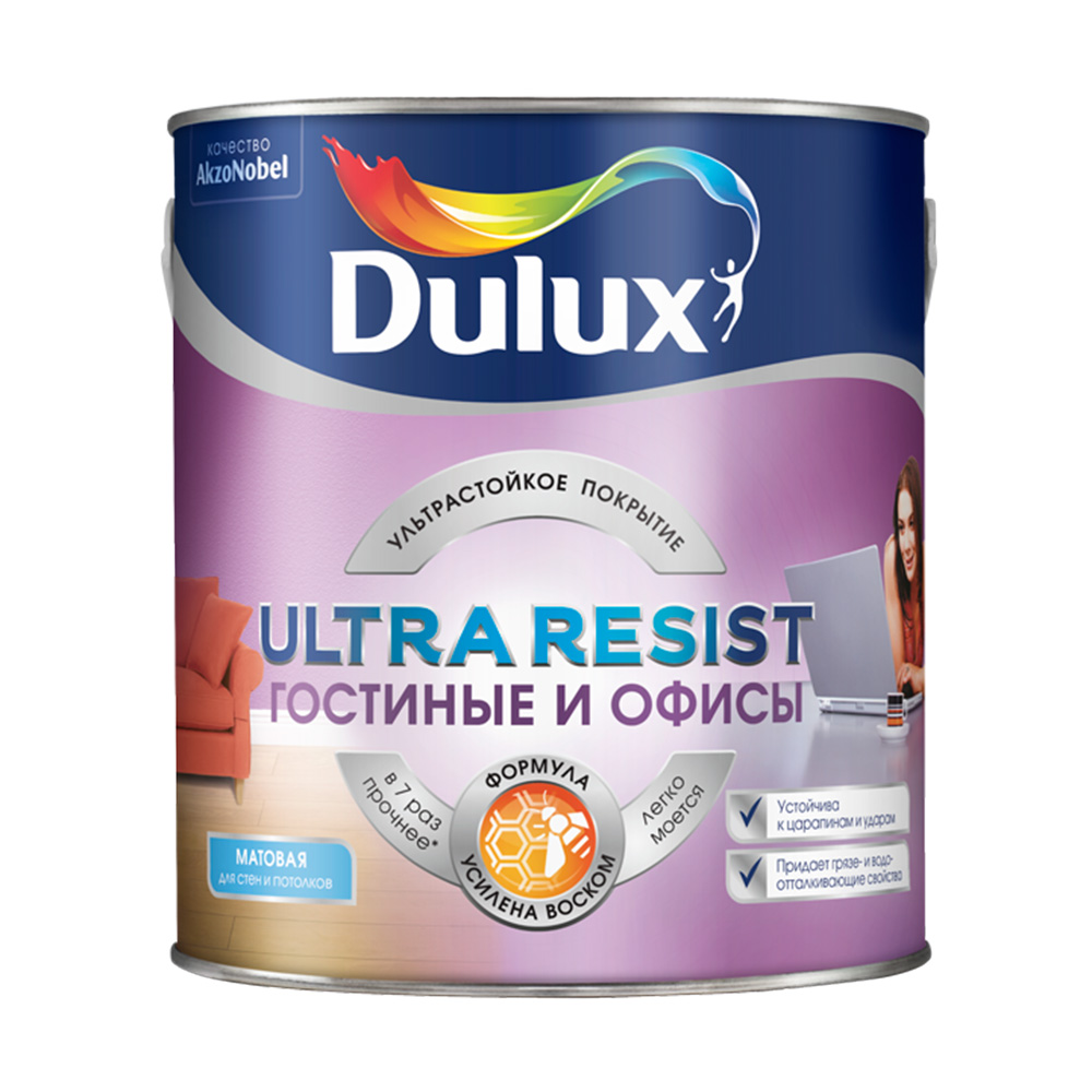 фото Краска водно-дисперсионная моющаяся dulux ultra resist гостиные и офисы бесцветная основа вс 2,25 л