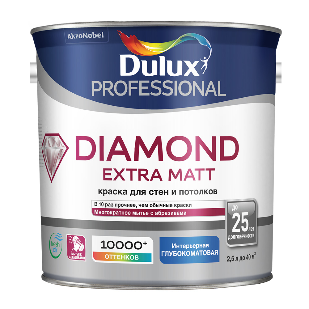 фото Краска водно-дисперсионная моющаяся dulux diamond extra matt бесцветная основа bc 2,5 л