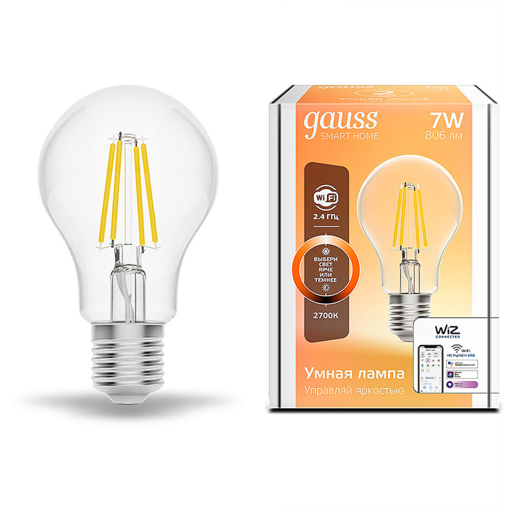 Лампа светодиодная Gauss Smart Home (1200112) 7 Вт E27 филаментная груша А60 2000-2700К теплый белый свет 220 В прозрачная диммируемая