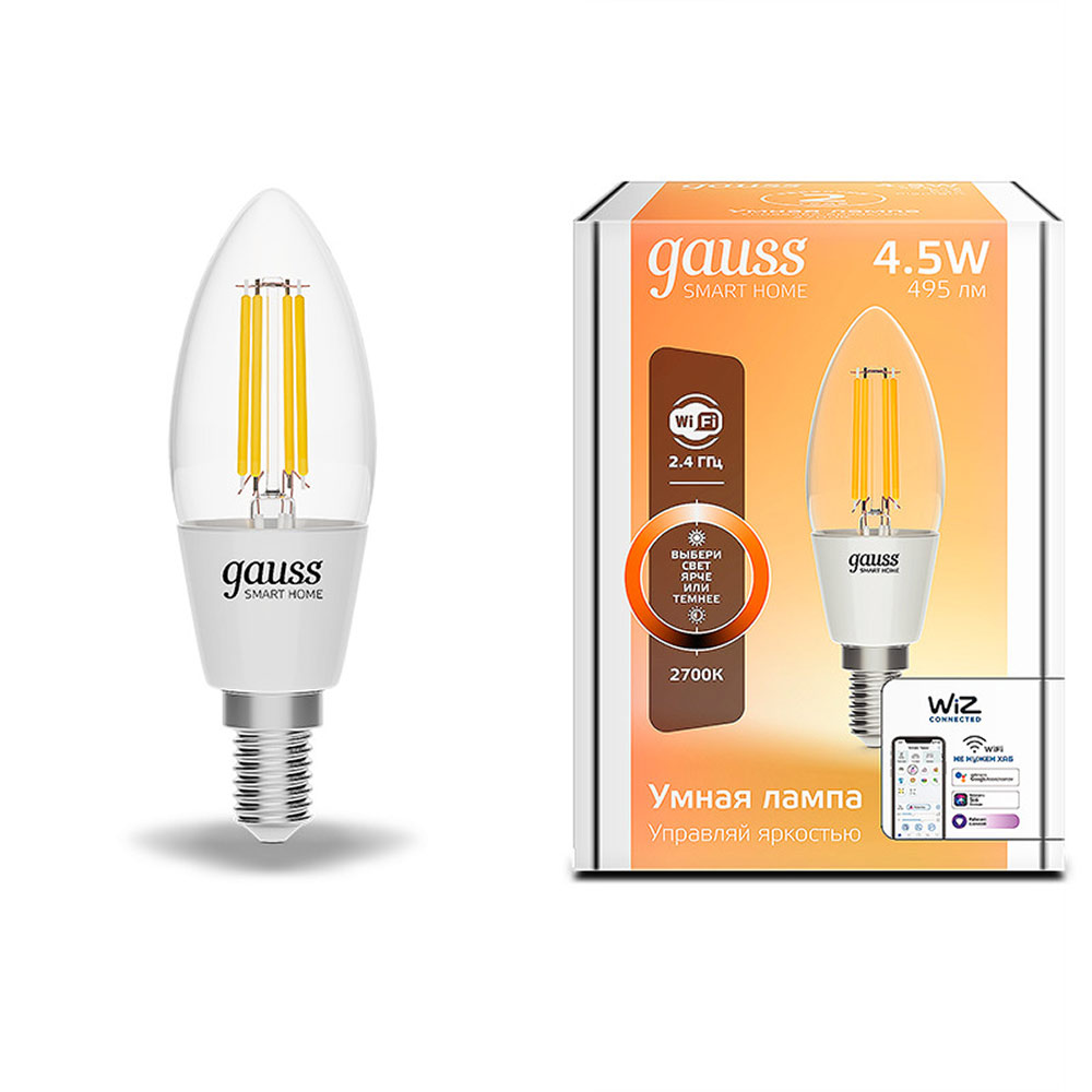 Лампа светодиодная Gauss Smart Home (1230112) 4,5 Вт E14 филаментная свеча 2000-2700К теплый белый свет 220 В прозрачная диммируемая