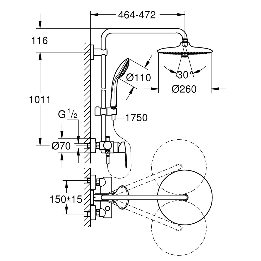 Душевая система GROHE Vitalio Joy с верхним душем D260 мм 3F с лейкой для душа D110 мм 3F со смесителем от Петрович