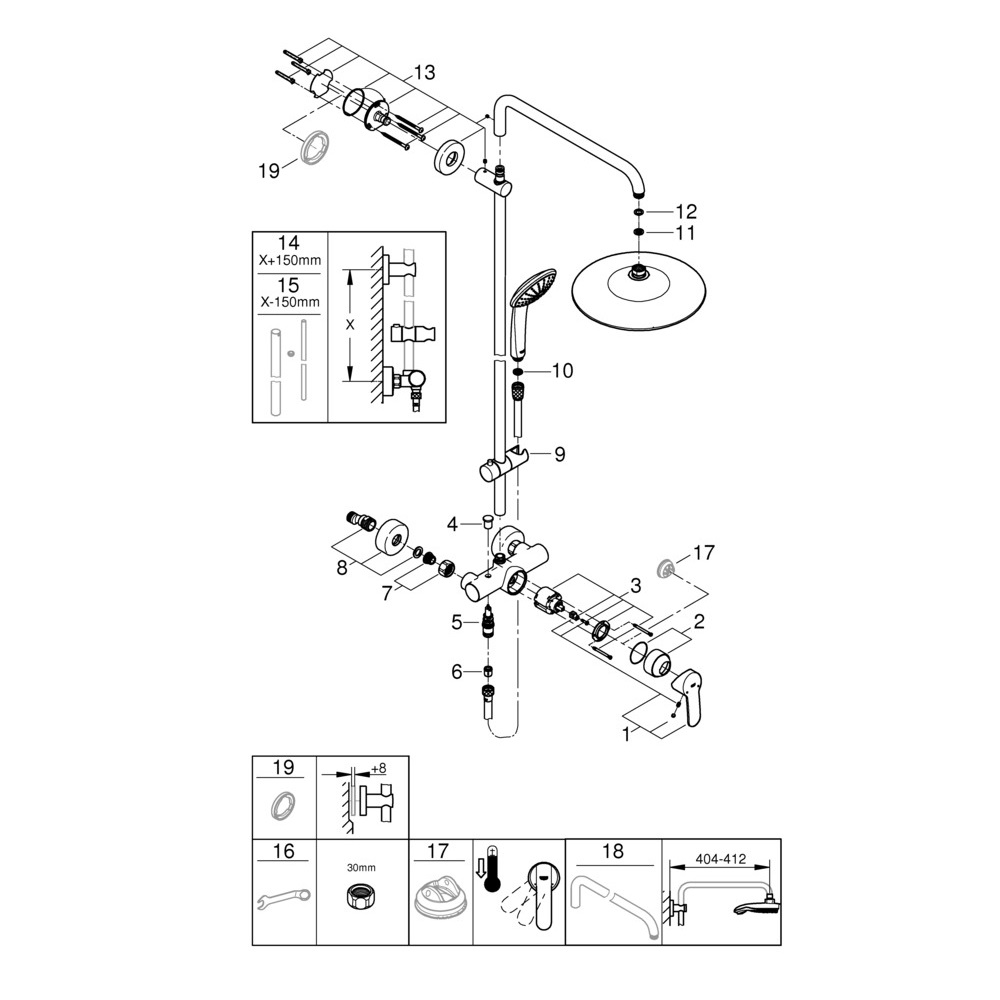 Душевая система GROHE Vitalio Joy с верхним душем D260 мм 3F с лейкой для душа D110 мм 3F со смесителем от Петрович