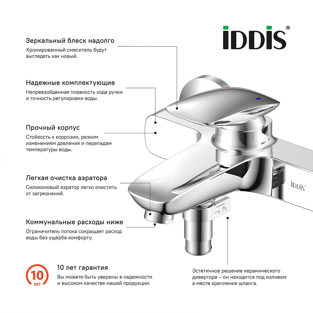 фото Смеситель для ванны и душа iddis stone stosb00i02wa с коротким изливом однорычажный без лейки глянцевый хром