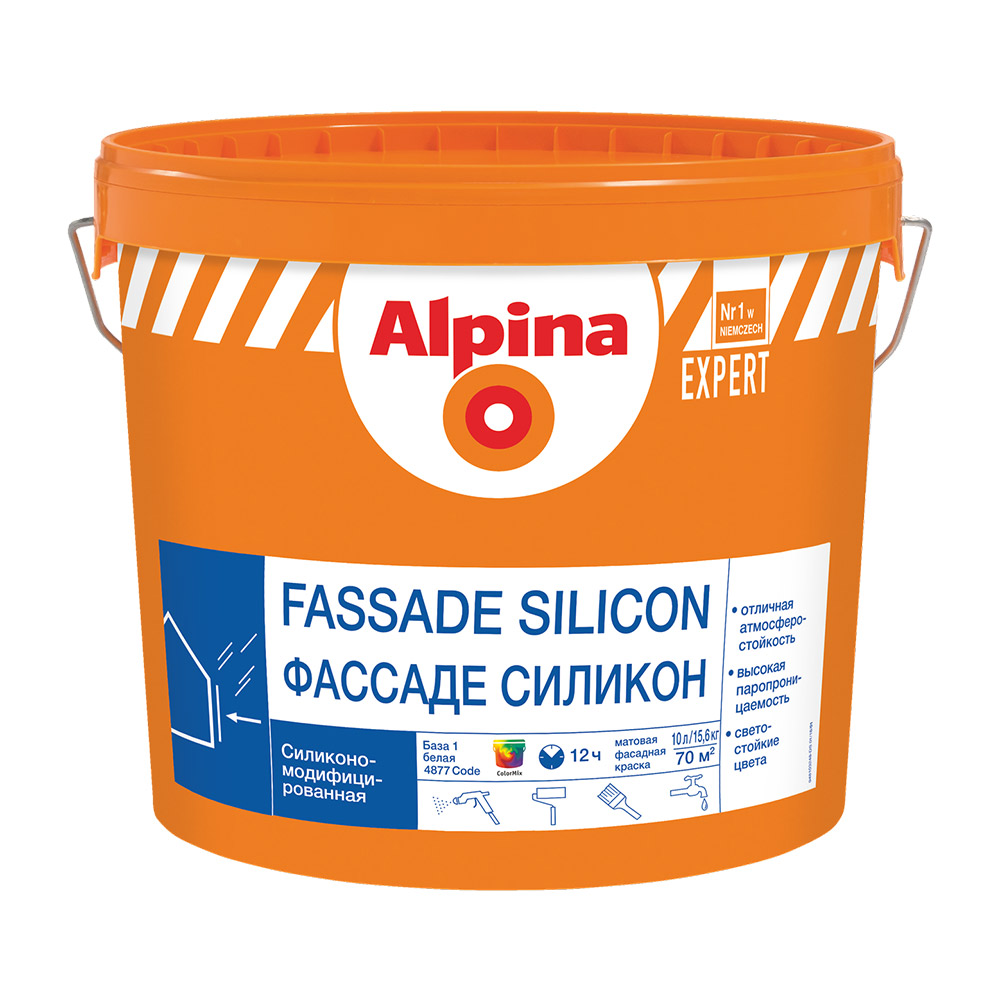 фото Краска водно-дисперсионная фасадная силиконовая alpina expert fassade silicon белая база 1 10 л