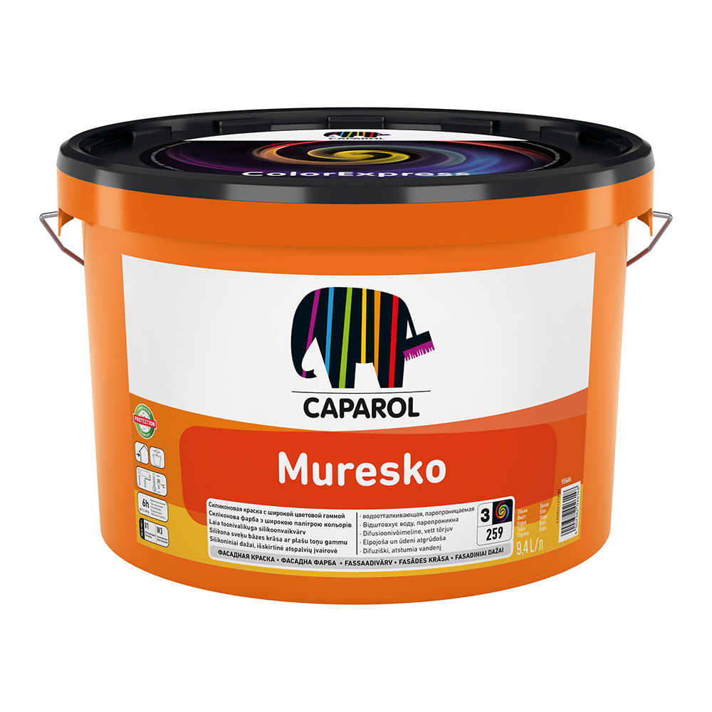 Краска водно-дисперсионная фасадная силикон модифицированная Caparol Muresko бесцветная база 3 9,4 л