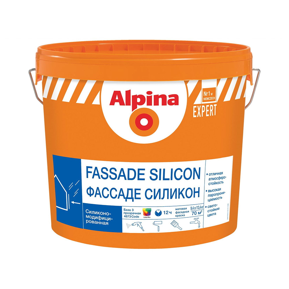 фото Краска водно-дисперсионная фасадная силиконовая alpina expert fassade silicon бесцветная база 3 9,4 л