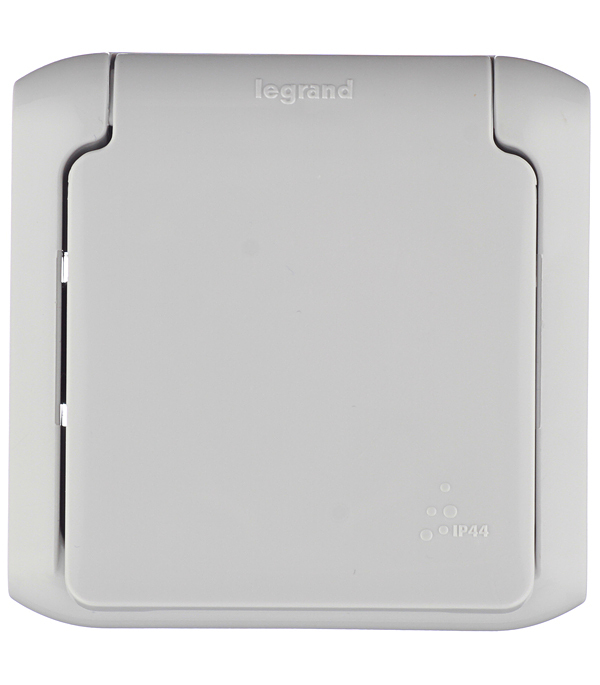 

Розетка Legrand Quteo 782351 открытая установка серая с заземлением IP44 с крышкой влагозащищенная со шторками, Серый