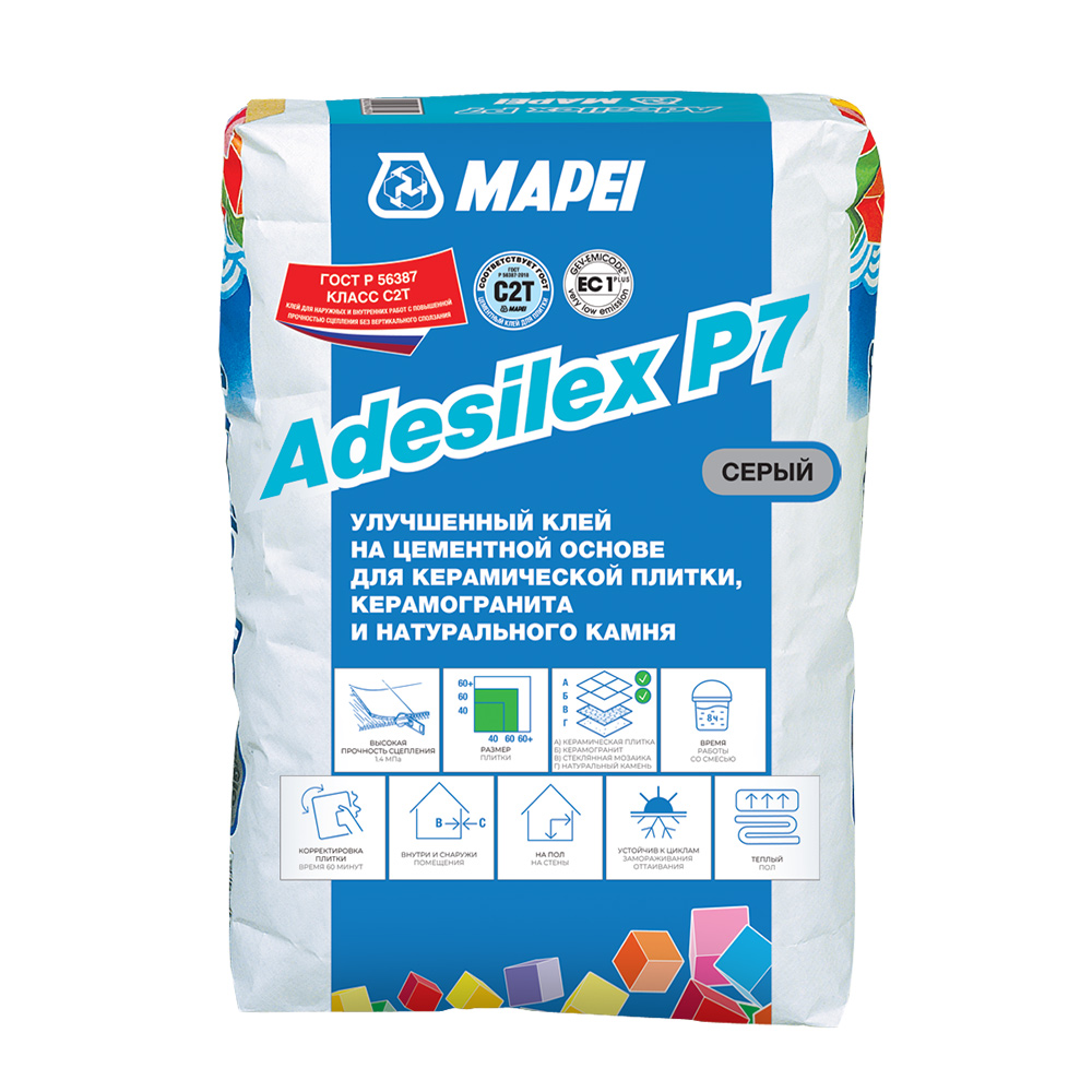 Клей для плитки, керамогранита и камня Mapei Adesilex P7 серый (класс С2Т) 25 кг