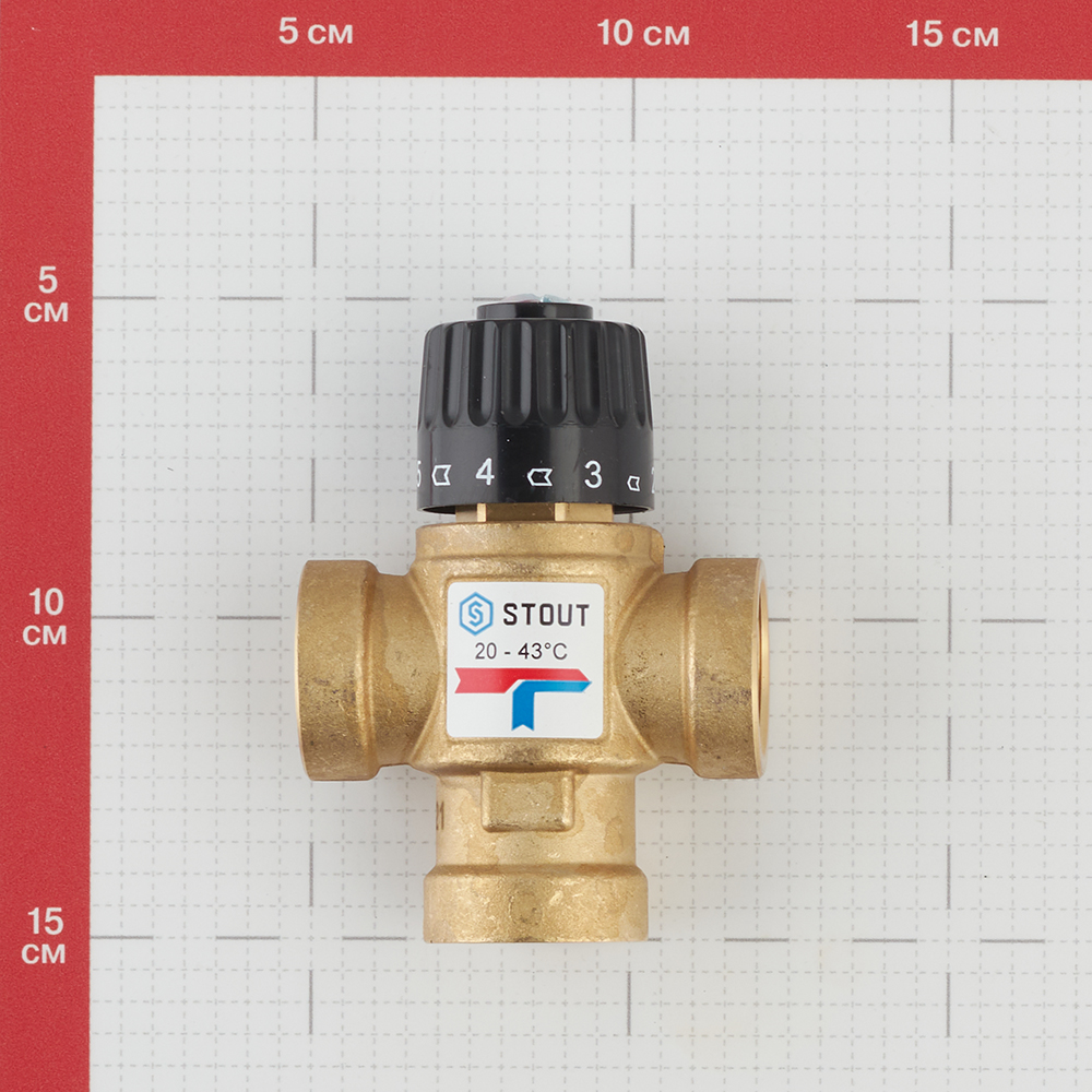 фото Клапан (вентиль) термостатический stout (svm-0110-164320) подмешивающий 3/4 вр(г) для систем отопления и гвс 20-43 °с kvs 1,6