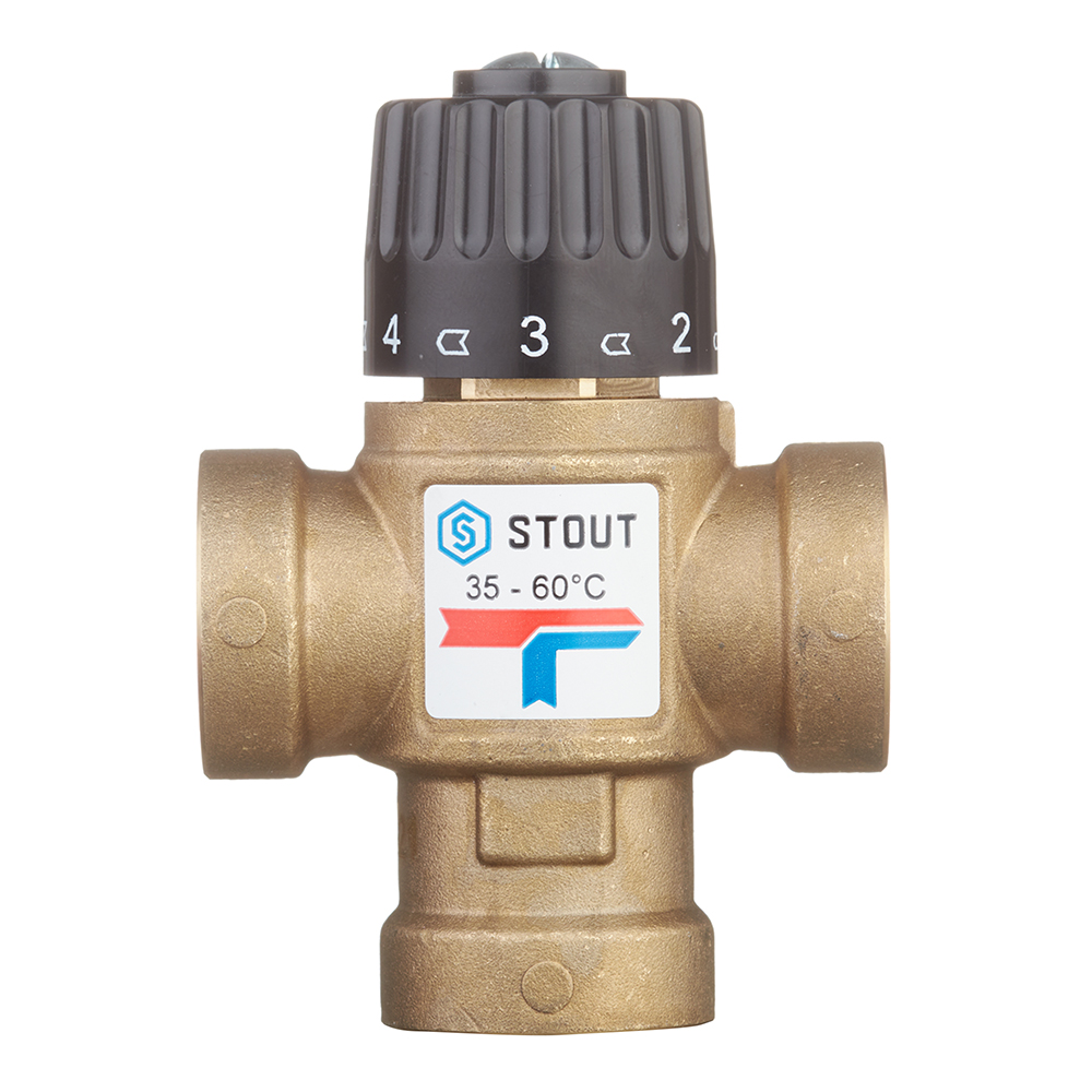 фото Клапан (вентиль) термостатический stout (svm-0110-166020) подмешивающий 3/4 вр(г) для систем отопления и гвс 35-60 °с kvs 1,6