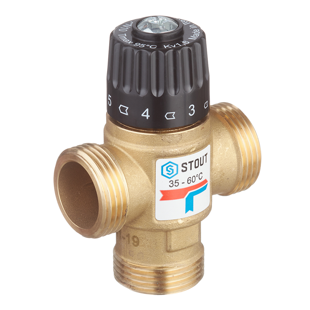 фото Клапан (вентиль) термостатический stout (svm-0120-166025) подмешивающий 1 нр(ш) для систем отопления и гвс 35-60 °с kvs 1,6