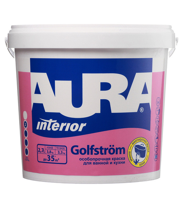 

Краска моющаяся Aura Interior Golfstrom особопрочная для ванной и кухни база А белая 2,7 л, Белый