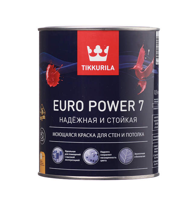 фото Краска водно-дисперсионная tikkurila euro power 7 моющаяся белая основа а 0,9 л