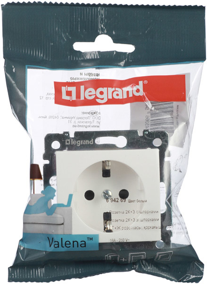 Розетка legrand valena 694269 скрытая установка белая с заземлением со шторками