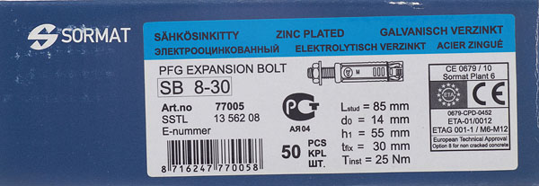 Анкер со шпилькой Sormat PFG/ SB для бетона M8/30 14x50 мм (50 шт.) от Петрович