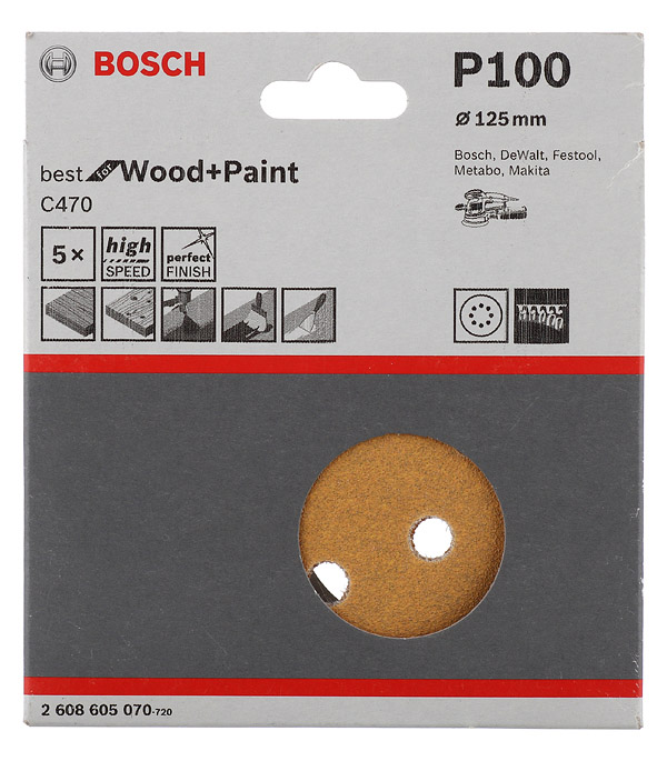 фото Диск шлифовальный bosch d125 мм p100 на липучку перфорированный (5 шт.)