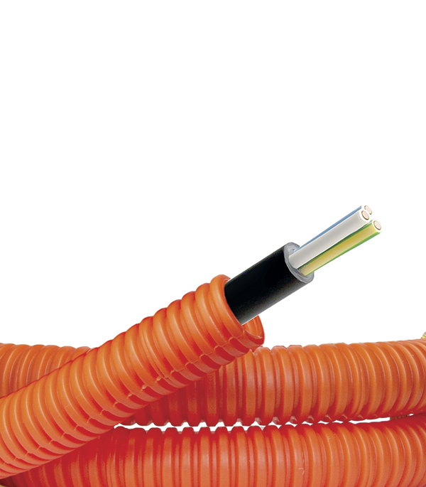 Труба гофрированная ПНД 16 мм DKC (7L91650) оранжевая (50 м) с кабелем ВВГнг-LS 3х1,5 от Петрович