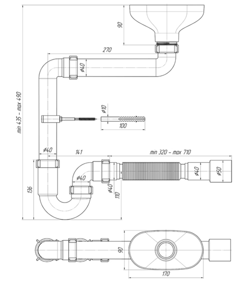 Сифон для мойки АНИ Пласт DR5015 1 1/2"х40 мм прямоточный смещенный с ...
