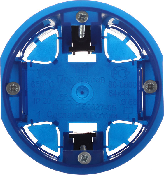 фото Подрозетник промрукав (80-0600/80-0600 п) для гипсокартона d68х45 мм 4 ввода синий ip20 с пластмассовыми лапками безгалогенный