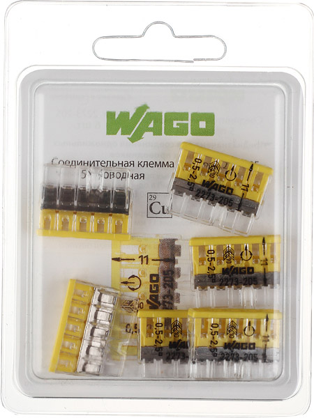 фото Клемма на 5 проводов wago 2273-205 0,5-2,5 кв. мм без пасты (6 шт.)