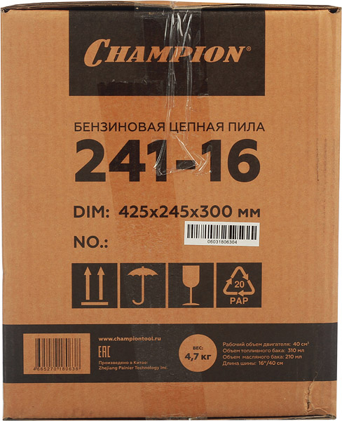 фото Бензопила champion 241 2,45 л.с. 16" шаг 3/8" паз 1,3 мм 56 звеньев