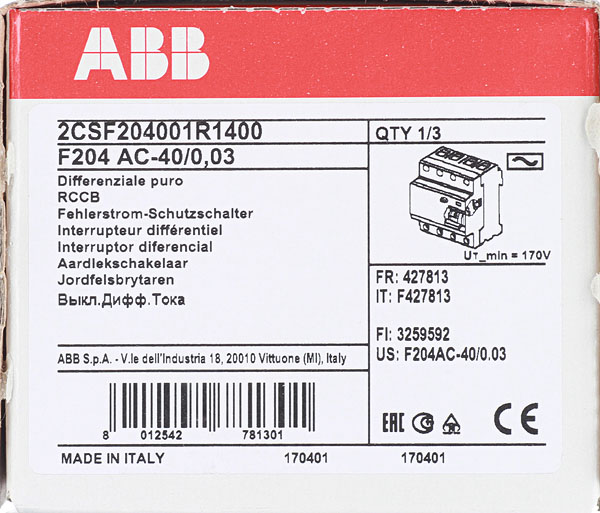 фото Узо abb f204 (2csf204001r1400) 40а 30 ма 4p тип ac 10 ка