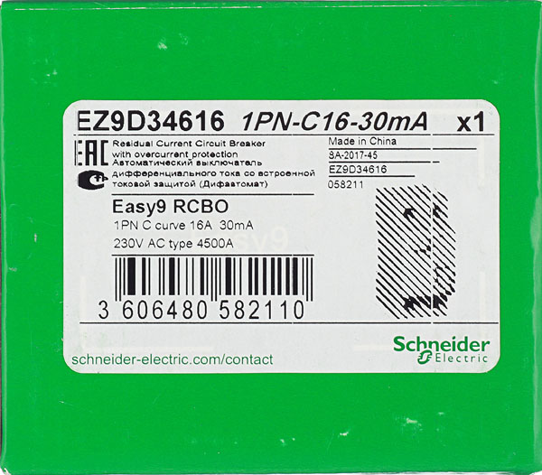 фото Автомат дифференциальный schneider electric easy9 (ez9d34616) 16а 30 ма 1p+n тип ac 4,5 ка