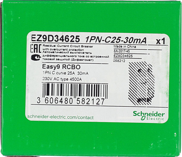 фото Автомат дифференциальный schneider electric easy9 (ez9d34625) 25а 30 ма 1p+n тип ac 4,5 ка