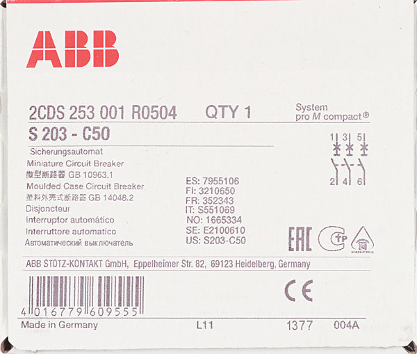 фото Автоматический выключатель abb s203 (2cds253001r0504) 3p 50а тип c 6 ка 400 в на din-рейку