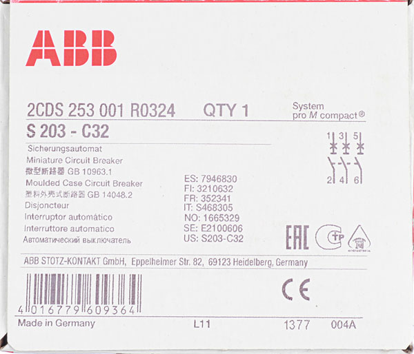 фото Автоматический выключатель abb s203 (2cds253001r0324) 3p 32а тип c 6 ка 400 в на din-рейку