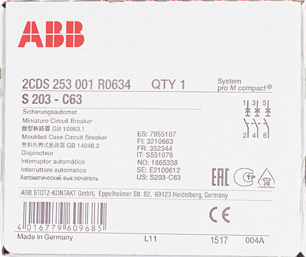 фото Автоматический выключатель abb s203 (2cds253001r0634) 3p 63а тип c 6 ка 400 в на din-рейку