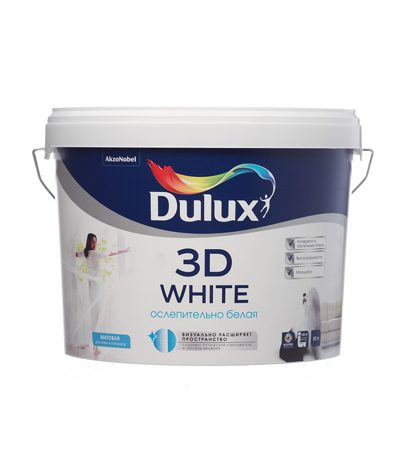 фото Краска водно-дисперсионная интерьерная dulux 3d white белая основа bw 10 л