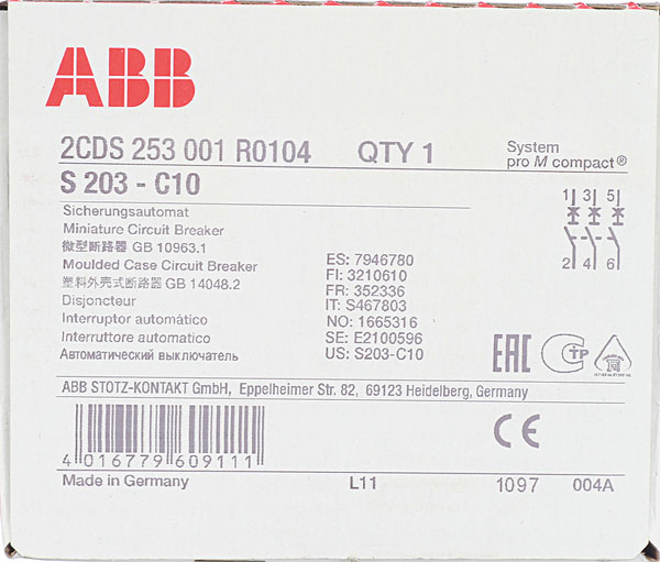 фото Автоматический выключатель abb s203 (2cds253001r0104) 3p 10а тип c 6 ка 400 в на din-рейку