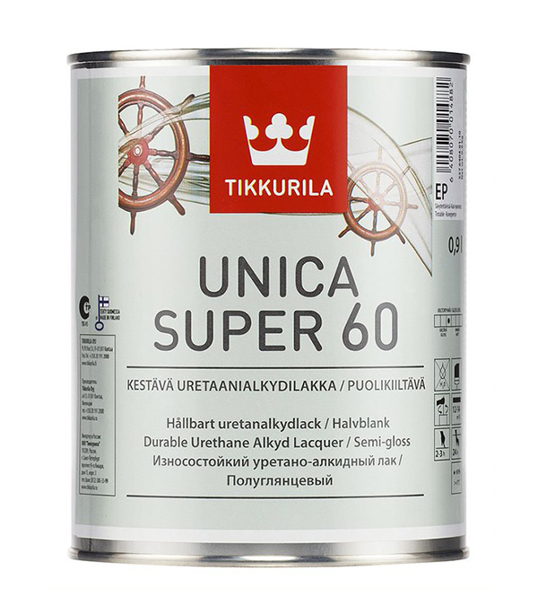 фото Лак алкидно-уретановый tikkurila unica super 60 основа ep бесцветный 0,9 л полуглянцевый