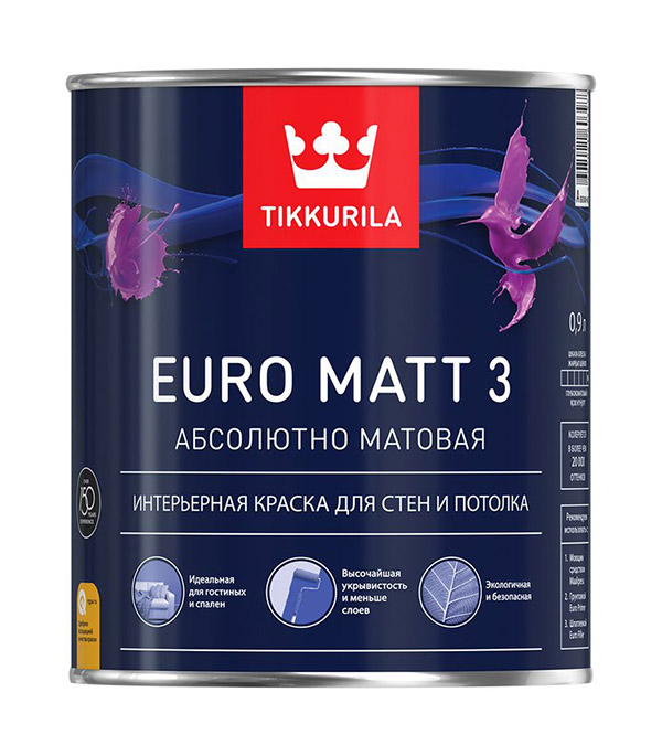 фото Краска водно-дисперсионная интерьерная tikkurila euro matt 3 белая основа а 0,9 л