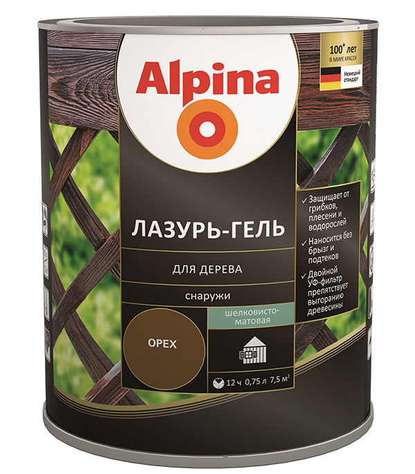 фото Антисептик alpina лазурь-гель декоративный для дерева черный 0,75 л