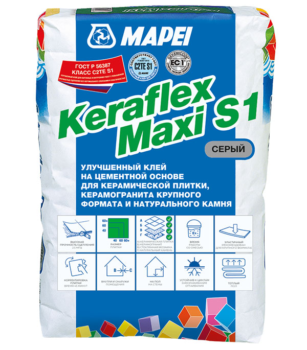 фото Клей для плитки, керамогранита mapei keraflex maxi s1 деформативный серый 25 кг