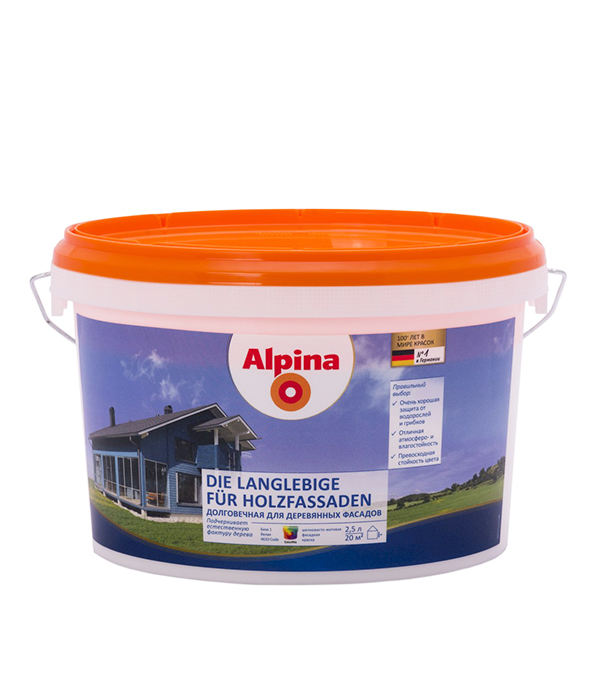 фото Краска водно-дисперсионная для деревянных фасадов alpina die langlebige fur holzfassaden белая база 1 2,5 л